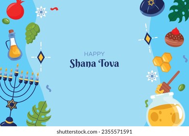 Rosh Hashanah celebration. Rosh Hashanah background. Translation from Hebrew - Happy New Year. Jewish New Year concept. Vector illustration. Poster, Banner, Greeting Card, Invitation Card. Shana tova.