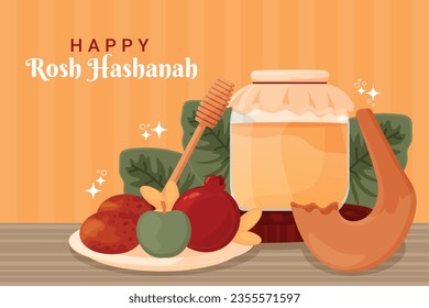 Rosh Hashanah Feier. Rosh Hashanah Hintergrund. Übersetzung aus Hebräisch - Frohes neues Jahr. Jüdisches Neujahrskonzept. Vektorgrafik. Poster, Banner, Grußkarte, Einladungskarte. Shana tova.