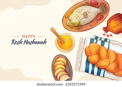 Rosh Hashanah Feier. Rosh Hashanah Hintergrund. Übersetzung aus Hebräisch - Frohes neues Jahr. Jüdisches Neujahrskonzept. Vektorgrafik. Poster, Banner, Grußkarte, Einladungskarte. Shana tova.