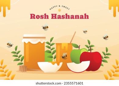 Rosh Hashanah celebration. Rosh Hashanah background. Translation from Hebrew - Happy New Year. Jewish New Year concept. Vector illustration. Poster, Banner, Greeting Card, Invitation Card. Shana tova.