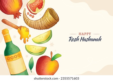 Rosh Hashanah celebration. Rosh Hashanah background. Translation from Hebrew - Happy New Year. Jewish New Year concept. Vector illustration. Poster, Banner, Greeting Card, Invitation Card. Shana tova.