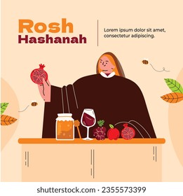 Rosh Hashanah Feier. Rosh Hashanah Hintergrund. Übersetzung aus Hebräisch - Frohes neues Jahr. Jüdisches Neujahrskonzept. Vektorgrafik. Poster, Banner, Grußkarte, Einladungskarte. Shana tova.