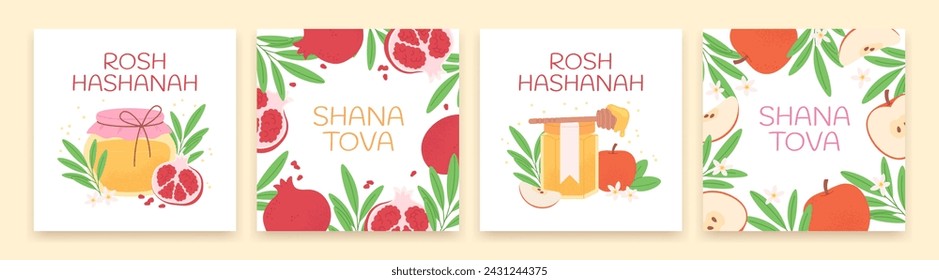 Rosh hashanah celebration cards design. Posters with honey, apples and pomegranate with green leaves. Jewish new year racy vector banners templates