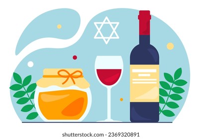 Rosh Hashanah celebration concept. Honey in glass jar near wine bottle with glass. Traditional Jewish holiday and festival, New Year. Poster or banner. Cartoon flat vector illustration