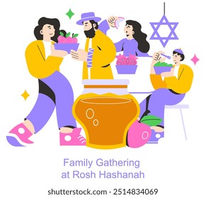 Rosh Hashanah celebration concept. Jewish family sharing a festive meal, with traditional symbols. Warm family moments, cultural traditions. Vector illustration.