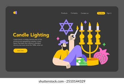 Rosh Hashanah celebration concept. A person lighting candles on a menorah, symbol of Jewish holiday. Traditional fruits and Star of David. Vector illustration.