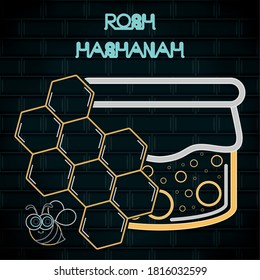 Rosh Hashanah celebration. Honey glass in a neon poster - Vector
