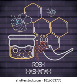 Rosh Hashanah celebration. Honey glass in a neon poster - Vector