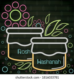 Rosh Hashanah celebration. Honey glass in a neon poster - Vector