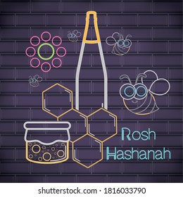 Rosh Hashanah celebration. Honey glass in a neon poster - Vector