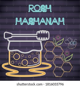 Rosh Hashanah celebration. Honey glass in a neon poster - Vector