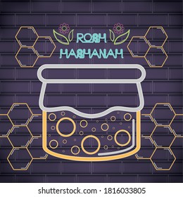 Rosh Hashanah celebration. Honey glass in a neon poster - Vector