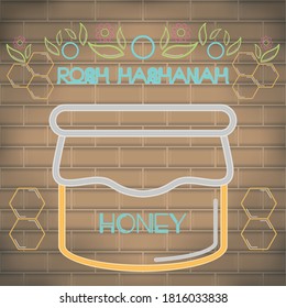 Rosh Hashanah celebration. Honey glass in a neon poster - Vector