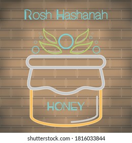 Rosh Hashanah celebration. Honey glass in a neon poster - Vector
