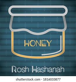 Rosh Hashanah celebration. Honey glass in a neon poster - Vector