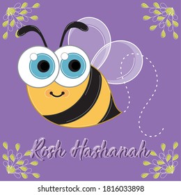 Rosh Hashanah celebration poster with a bee cartoon - Vector