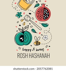 Rosh hashanah celebrational postcard on pastel background. Jewish traditional new year celebration with festive greeting cards. Colorful elements with pomegranate. Flat cartoon vector illustration