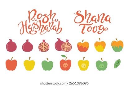 Rosh Hashanah clip art collection, isolated on transparent. Hand lettering quotes Hebrew text New Year, pomegranates, apples. Hand drawn flat vector illustration. Seasonal holiday design elements set