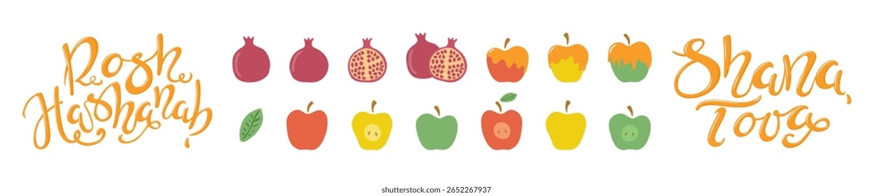 Rosh Hashanah clip art collection, isolado em transparente. Letras de mão cita texto hebraico Ano Novo, romãs, maçãs. Ilustração de vetor plana desenhada à mão. Conjunto de elementos de design de feriados sazonais