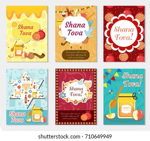 Rosh Hashanah collection poster, flyer, invitation, greeting card. Shana Tova set of templates for your design with pomegranate, honey, apple, menorah. Jewish New Year. Holiday Vector illustration