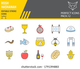 Rosh hashanah color line icon set, hanukkah collection, vector sketches, logo illustrations, shana tova icons, rosh hashanah signs filled outline pictograms, editable stroke