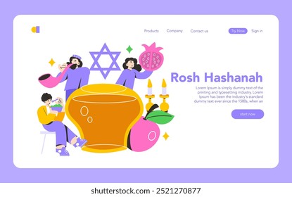 Rosh Hashanah concept. Celebratory scene with characters performing traditional activities, apples and honey symbolizing a sweet new year. Vector illustration.