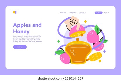 Rosh Hashanah concept. A festive illustration showing apples, honey, and a honey dipper, symbolizing a sweet new year. Modern, playful design in a vector format.