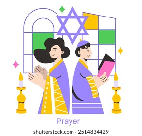 Concepto de Rosh Hashanah. Un hombre y una mujer judíos rezan durante los Días Santos junto a velas y una Estrella de David. Ilustración vectorial.