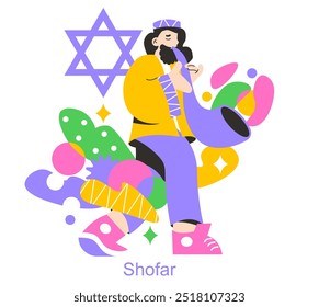 Rosh Hashanah concept. Jewish man blows the shofar, celebrating the holiday with abstract festive elements and Star of David. Vector illustration.