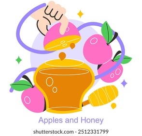 Rosh Hashanah concept. Jewish New Year celebration, featuring sweet apples, honey pot, and dipper. Shana Tova greeting tradition. Vector illustration.