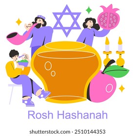 Rosh Hashanah Konzept. Fröhliche Feier mit traditionellen Symbolen: Shofar, Honig, Apfel, Granatapfel und Davidsstern. Jüdisches Neujahrsfest. Vektorgrafik.