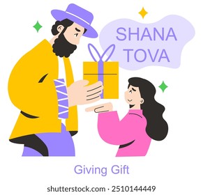 Rosh Hashanah concept. A man in traditional attire presents a gift to a smiling woman beneath a Shana Tova greeting. Celebration of Jewish New Year. Vector illustration.