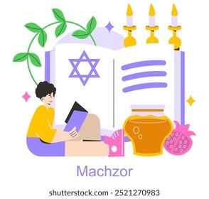 Rosh Hashanah concept. Open Machzor with Jewish star and text, candles, honey pot, and pomegranate celebrating the holiday. Vector illustration.