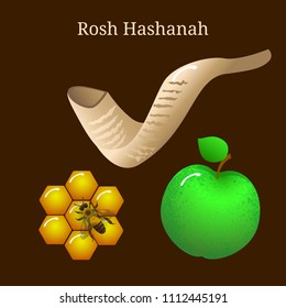 Rosh Hashanah. Concept of a religious Jewish holiday. Apple, chalky honeycombs, bee, shofar - mutton horn. Event name