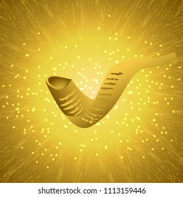 Rosh Hashanah. Concept of a religious Jewish holiday. Shofar - mutton horn. Text in Hebrew - New Year. Grunge background, glows, sparkles
