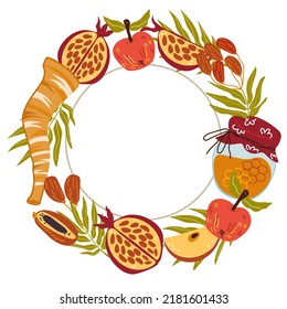 Rosh Hashanah decorative frame design with shofar, hand drawn vector illustration isolated on white. Rosh hashanah Jewish New Year decorative design element template with apples and honey.