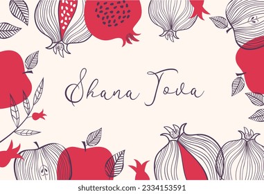 Rosh Hashanah design banner template with hand drawn pomegranate, apple and flowers. Shana Tova Lettering. Translation from Hebrew - Happy New Year