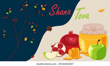 Rosh Hashanah design with pomegranate. Shana Tova poster, vector illustration.