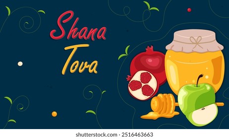 Rosh Hashaná design com romã. Cartaz de Shana Tova, ilustração vetorial.