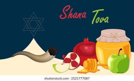 Rosh Hashanah design with pomegranate. Shana Tova poster, vector illustration.