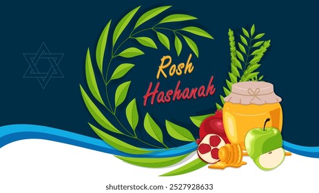 Rosh Hashanah design with pomegranate. Shana Tova poster, vector illustration.