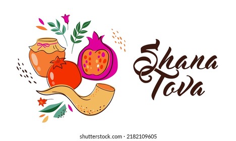 Rosh Hashanah design template with hand drawn apples, pomegranate, honey and Shofar horn. Shana Tova Lettering. Translation from Hebrew - Happy and Sweet New Year 