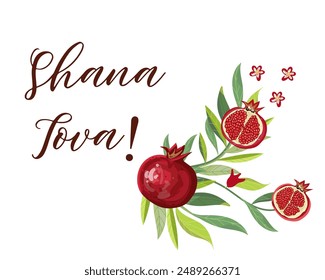 Rosh Hashanah design template with hand drawn pomegranate branch. Shana Tova Lettering. Translation from Hebrew - Happy New Year