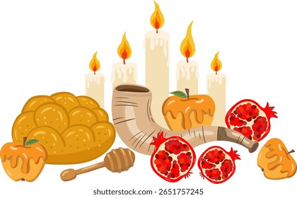 rosh hashanah evening table holiday vector set challah pomegranates apples honey shofar candles jewish new year festive