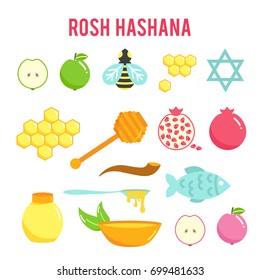 Rosh Hashanah flat icons set, Shana Tova, Jewish New year holiday. Vector illustration