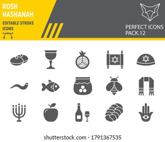 Rosh hashanah glyph icon set, hanukkah collection, vector sketches, logo illustrations, shana tova icons, rosh hashanah signs solid pictograms, editable stroke