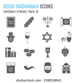 Rosh Hashanah glyph icon set, hanukkah collection, vector graphics, logo illustrations, Rosh Hashanah vector icons, jewish signs, solid pictograms, editable stroke