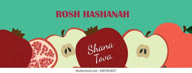 Rosh Hashanah Gruß Banner mit Äpfeln und Granatäpfel. Shana Tova. Jüdische Neue Jahr Festliche Vorlage Design im trendigen modernen Kunststil Grußkarte, Cover, Festliche Musik Web Banner, Poster