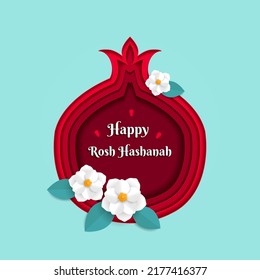 Rosh Hashanah greeting banner with symbols of Jewish New Year holiday pomegranate and paper flowers and leaves. Paper cut vector illustration template. 