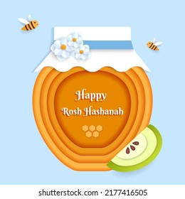 Rosh Hashanah greeting banner with symbols of Jewish New Year holiday honey, apple, paper flowers, and flying bees. Paper cut vector illustration template.